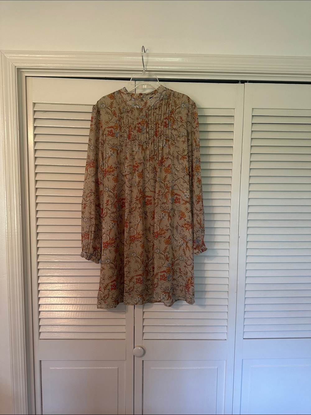 Floral Long-Sleeve Mini Dress in Beige